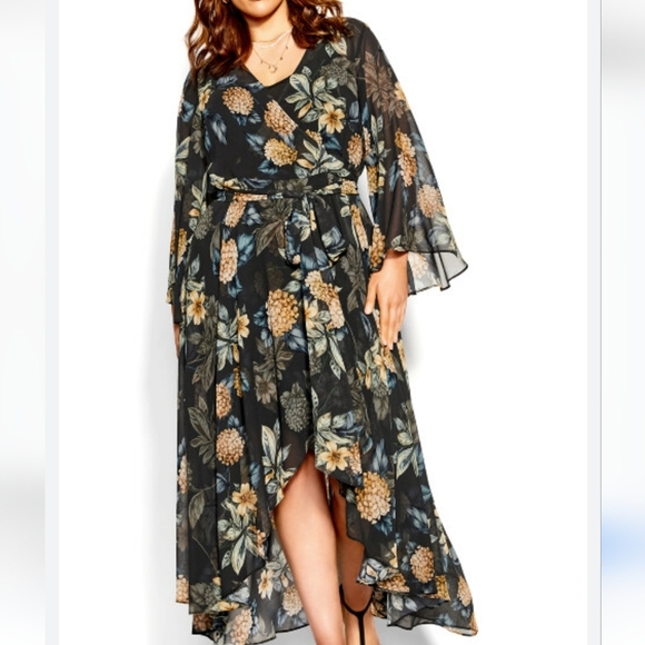 NWT City Chic Golden Hydrangea Print Wrap Maxi Dress Size 14 Flowy Resortwear - Picture 1 of 15